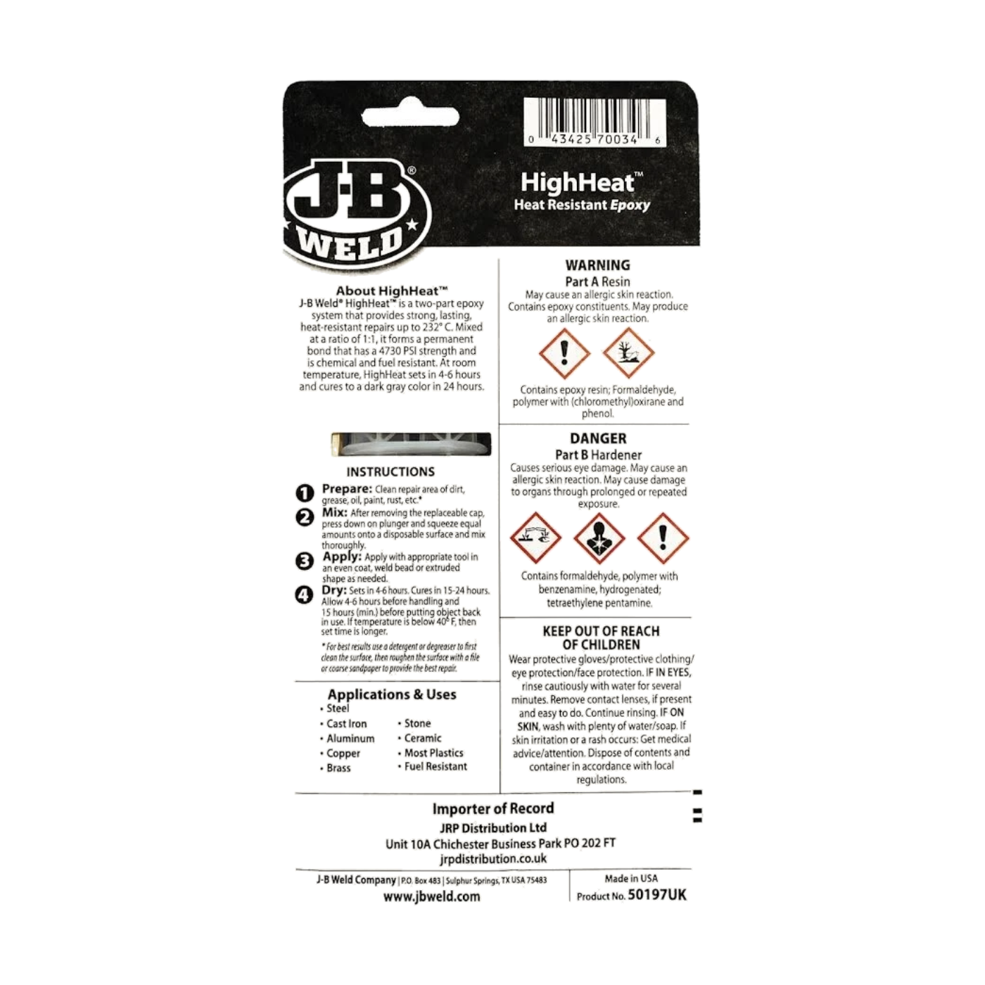 J-B Weld HighHeat 50197 Heat Resistant Epoxy Adhesive 25ml - J-B WELD - 50197 image 2