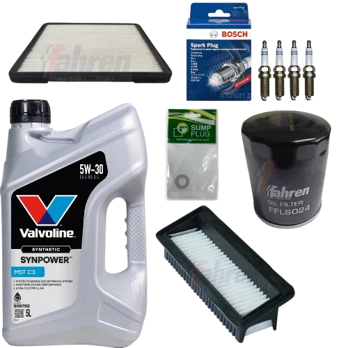 Full Service Kit for Hyundai i10 1.2 2008-2013 – Filters Plugs Oil - Bosch - FFC4095 FFA1132 FFL6024 0242135545 x4 PK01007 908792